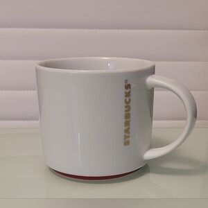 Starbucks 2012 16 Oz. White Ceramic Stackable Mug Red TRIM Gold LOGO